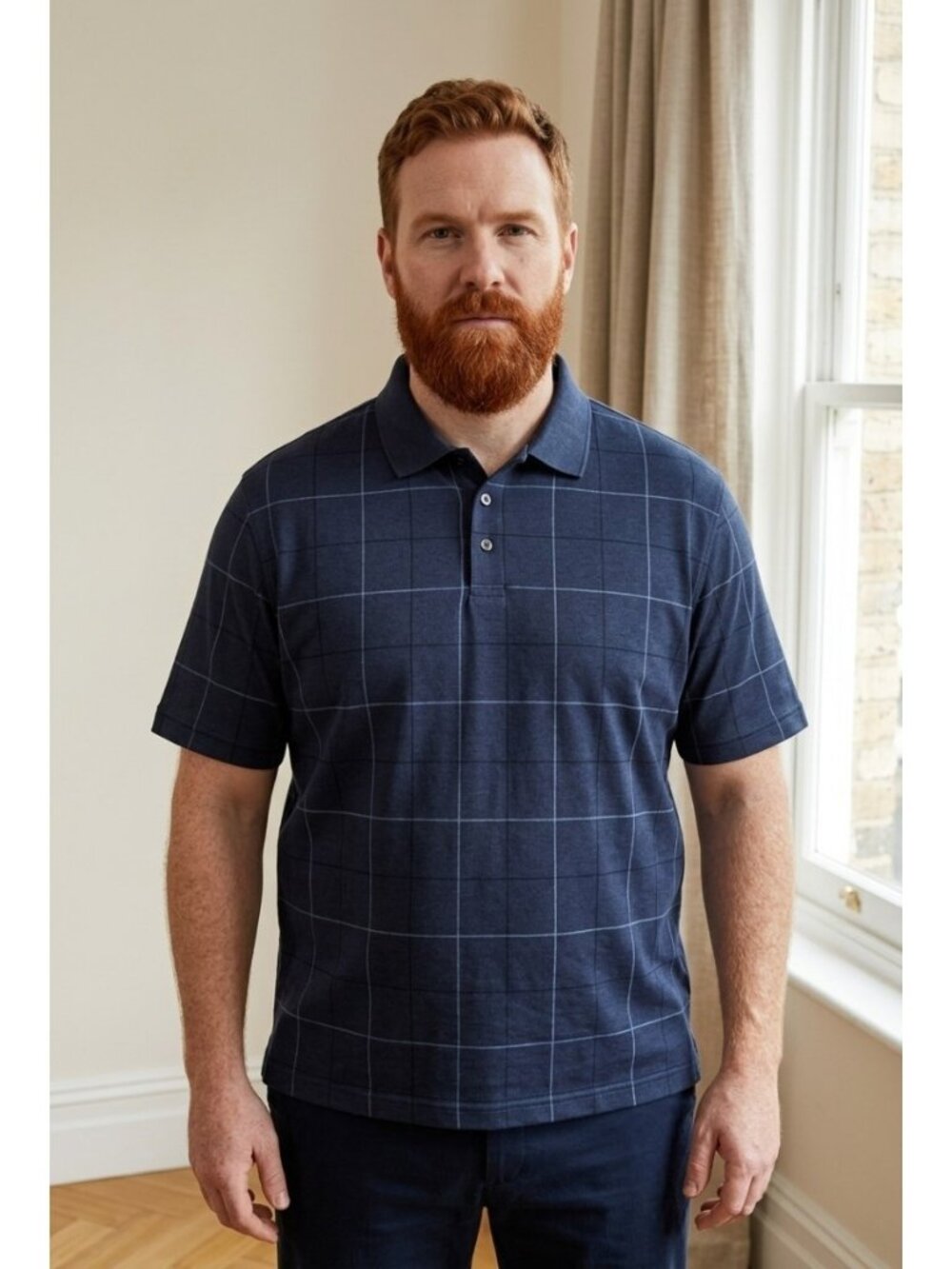 Van Heusen Men's Blue Grid Pattern Polo Shirt
